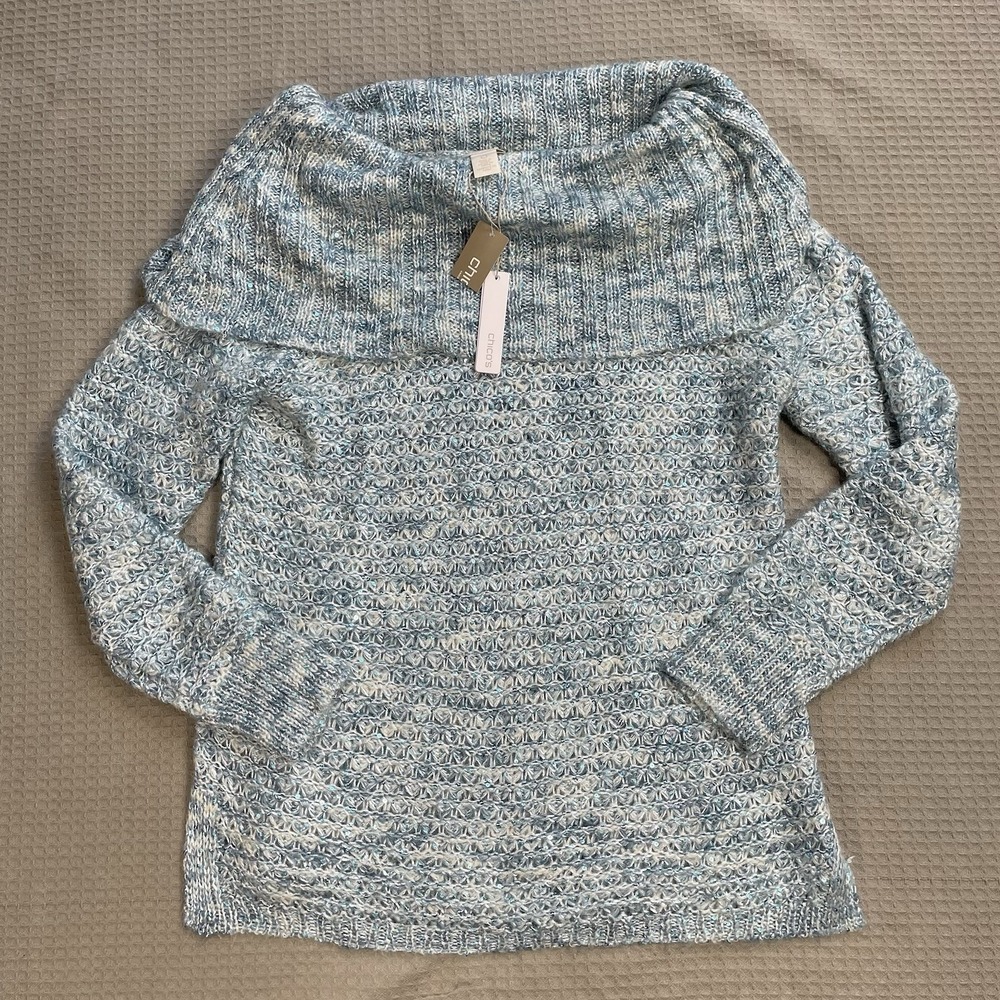 New Chico's Sequin Shine Sweater 0 (Small) Dorothy Pullover Blue Off Shoulder
